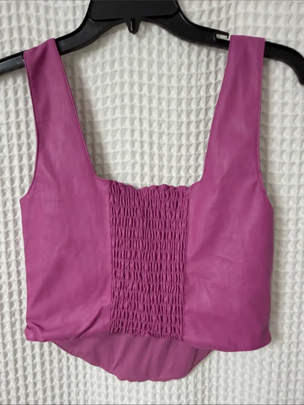 7 For All Mankind Faux Leather Pink Smocked Corset Bustier Top Medium - Image 6