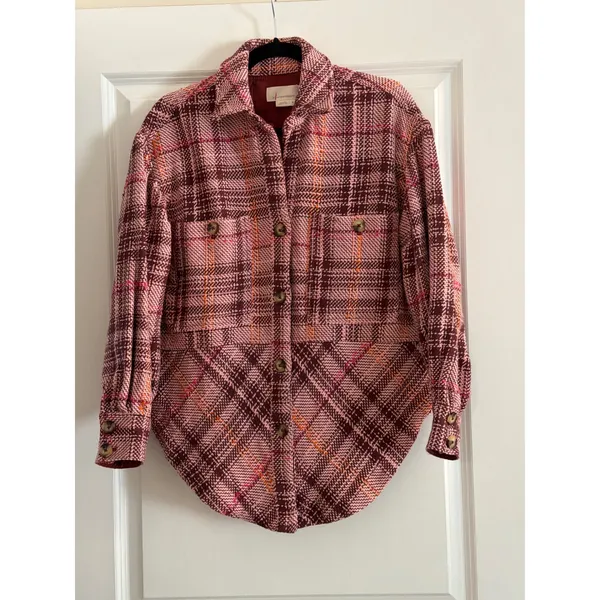 Anthropologie Hudson Plaid Shirt Jacket Pink Plaid Button Down Shacket Size M - Image 7