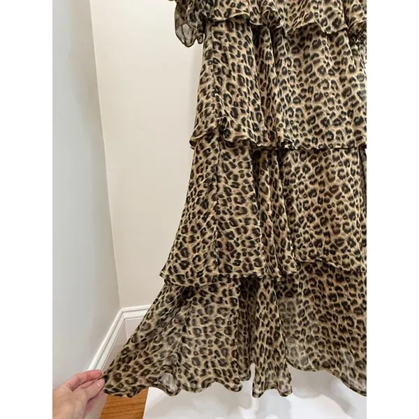 Entro Leopard Print Smocked Tiered Midi Dress SzL - Image 4