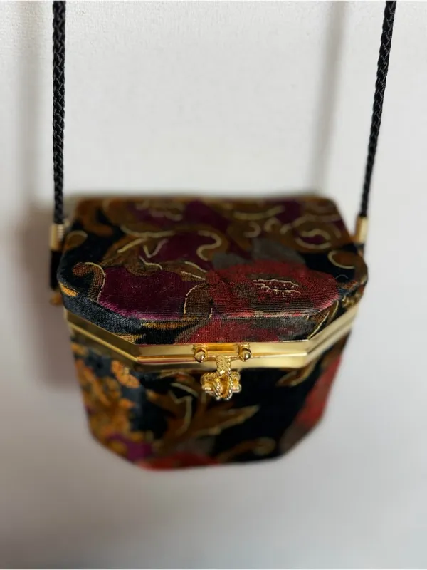 Floral Velvet Hard Case Box Purse Crossbody Evening Bag Gold Frame Mirror - Image 6