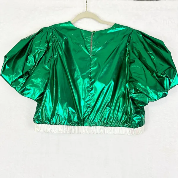 Queen of Sparkles Metallic Iridescent Puff Sleeve Crop Top Size Large Green NWOT - Image 2