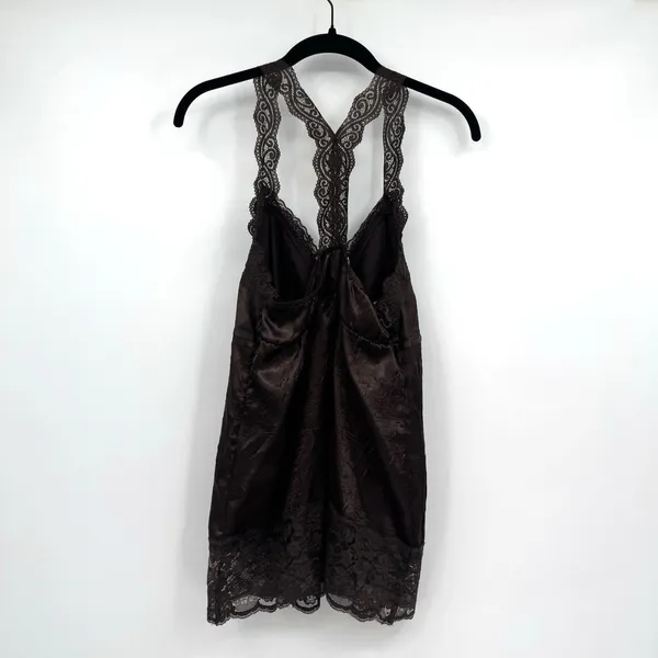 Vintage Y2K Satin Lace Babydoll Top Sz M Brown Coquette Lace Trim Fairy Romantic - Image 2