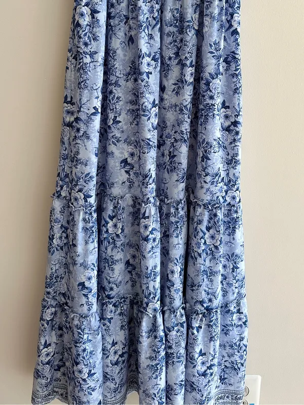 Max Studio Ruffle Cap Sleeve Tiered Maxi Dress, Light Blue Floral, Size Small - Image 4