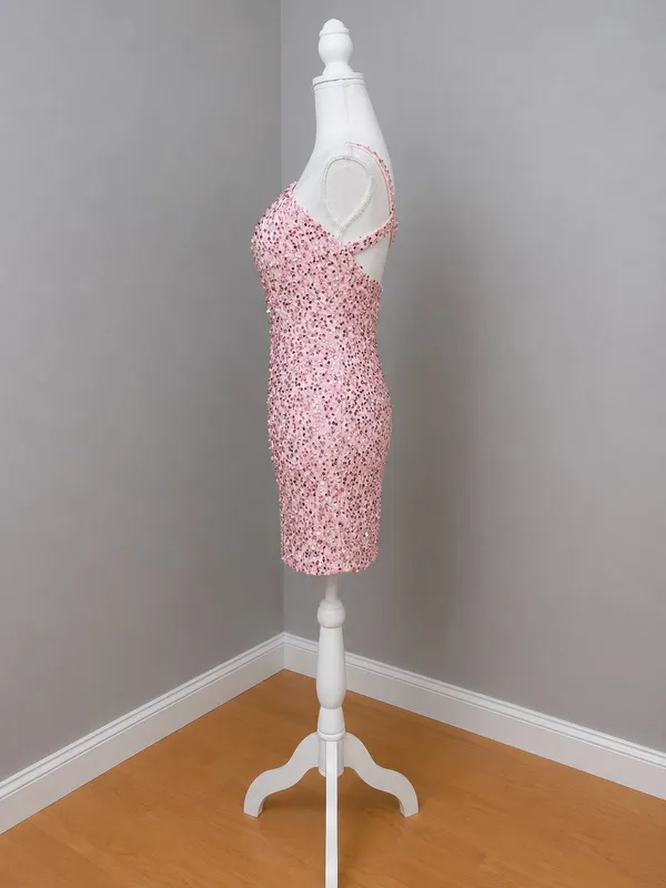 Boutique Pink with Rose Gold Sequins Velvet One-Shoulder Mini Dress - Image 4