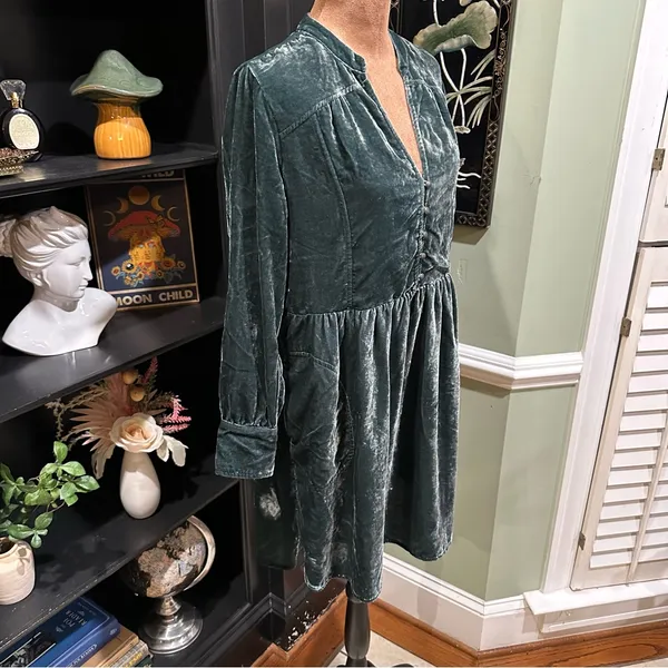 Anthropologie Holding Horses Green Crushed Velvet Babydoll Shirt Dress Size Smal - Image 9