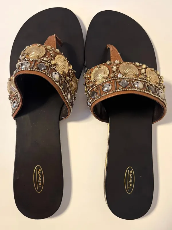Talbots Beaded Embellished Jewel Flat Thong Sandals Brown Gold Silver Womens 9 - Image 3
