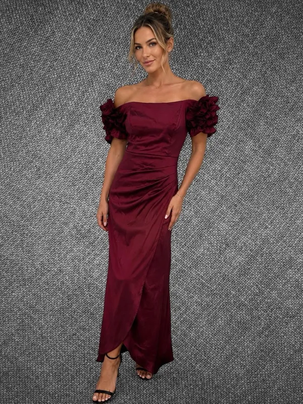 Xscape Burgundy Off Shoulder Ruffle Sleeve Ruched Formal Gown Size 10P - Image 3
