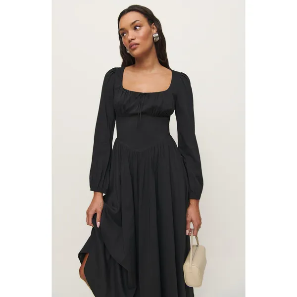 Reformation Oria Organic Cotton Long Sleeve Shirred V-Waist Scoop Midi Dress 0 - Image 4