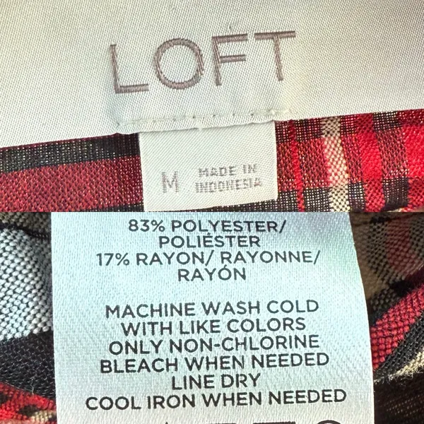 LOFT Womens Shirt Blouse Red Black Plaid‎ Puff Sleeve V Neck Size Medium - Image 8