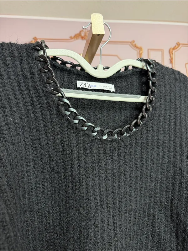 Zara Black Chunky Knit Sweater Chain Trim Neckline Long Sleeve Pullover. Size S - Image 3