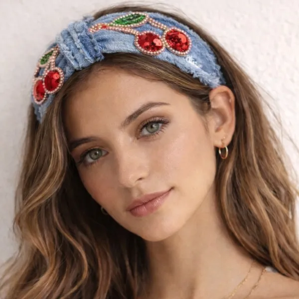 Embellished Denim Headband with Cherry Design NEW Blue - Image 7