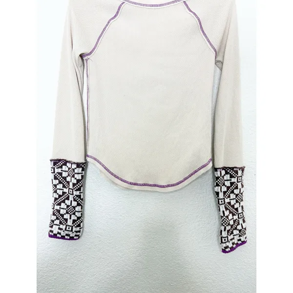 Free People She's Reversible Cuff Thermal Tee Oatmeal Size Small Bohemian - Image 10