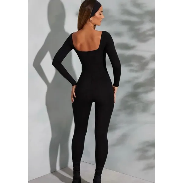 Oh Polly Delanie Square Neck Long Sleeve Jumpsuit in Black size 4 - Image 4