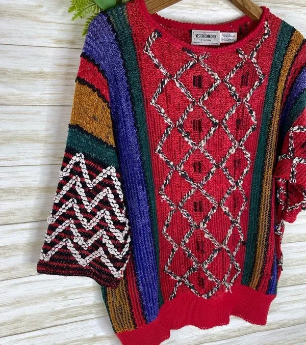 Vintage Rainbow Color Open Knit Half Sleeve Sweater Tee - Image 2