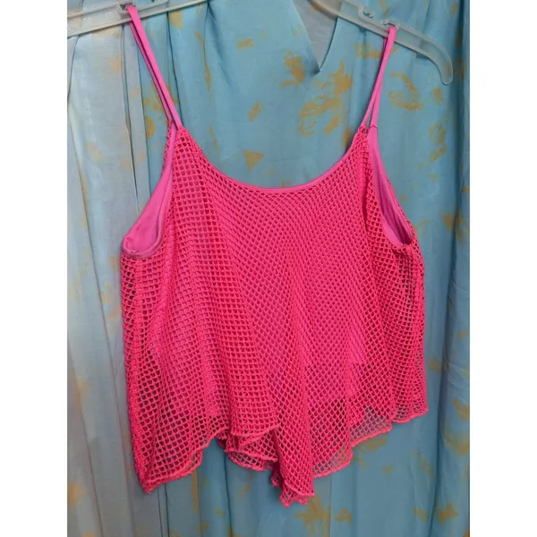 VTG Y2K Hot Pink Spaghetti Strap Net With Built In Undershirt Crop Top Sz S - Image 2