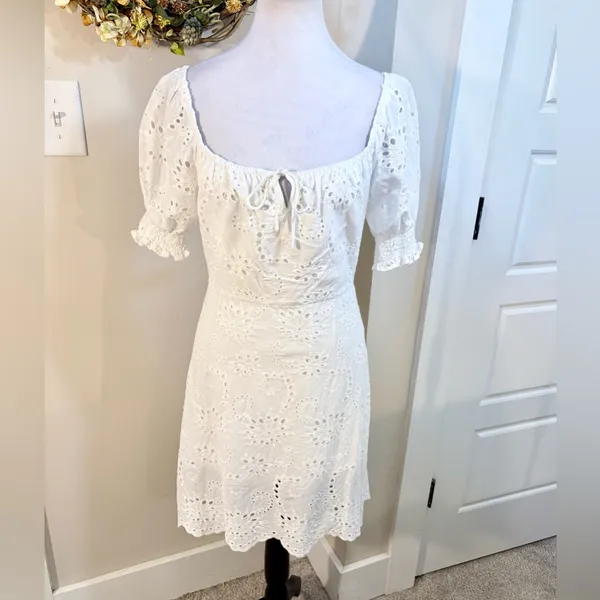 7 For All Mankind White Eyelet Puff Sleeve Babydoll Dress Size M💛 - Image 12