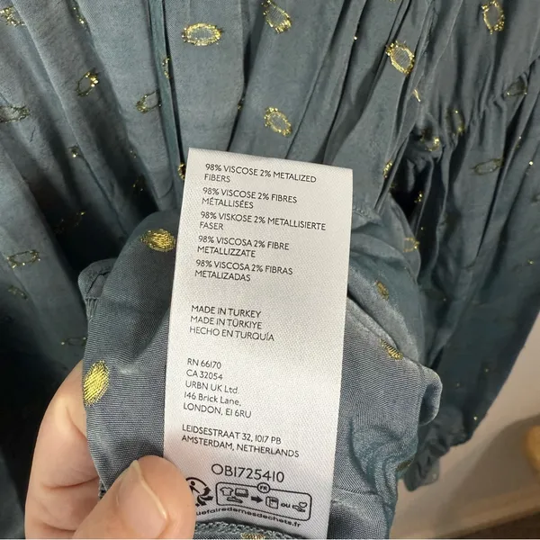 By Anthropologie Women’s Ruffled Peasant Blouse in Blue/Gold Metallic M - Image 16