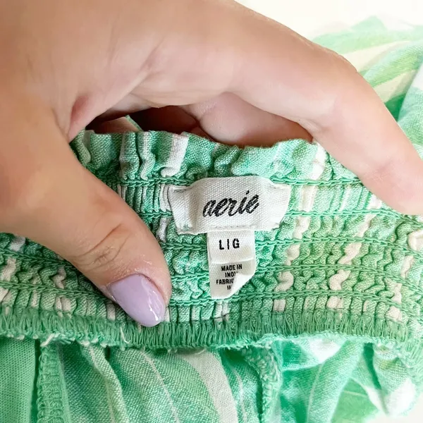 Aerie Linen Blend Striped Pull On Smocked High Waisted Shorts Celebrity Green L - Image 6