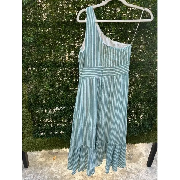 Audrey Parks Francescas One‎ Shoulder Striped Ruffle Mini Dress Sage Green White - Image 5
