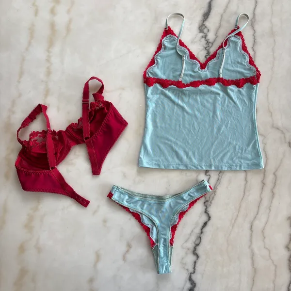 3Pc Vintage Lejaby Lingerie Set 34B Bra, Small Cami, Small Thong Balconette Blue - Image 6