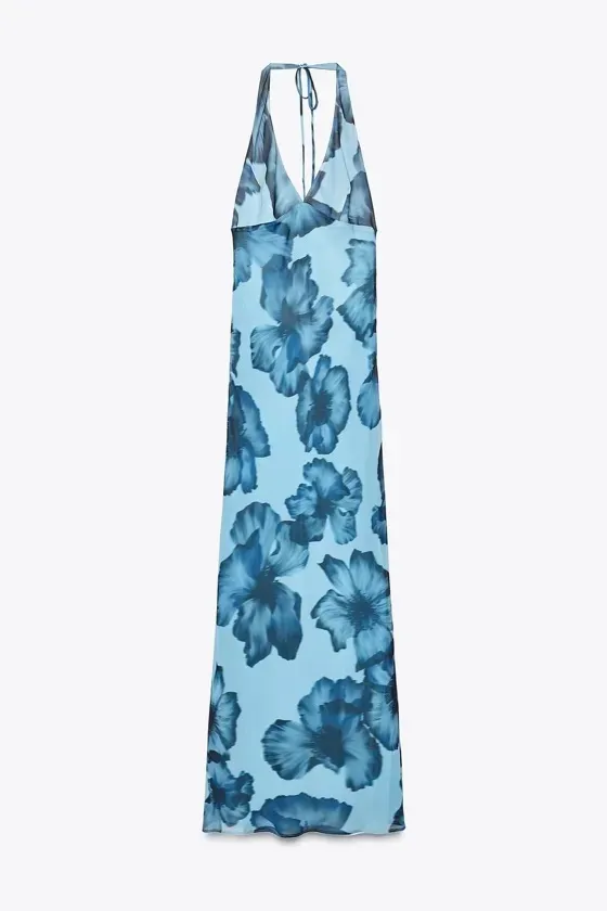Zara Blue Long Floral Halter Maxi Dress Wedding Party Evening - Image 13