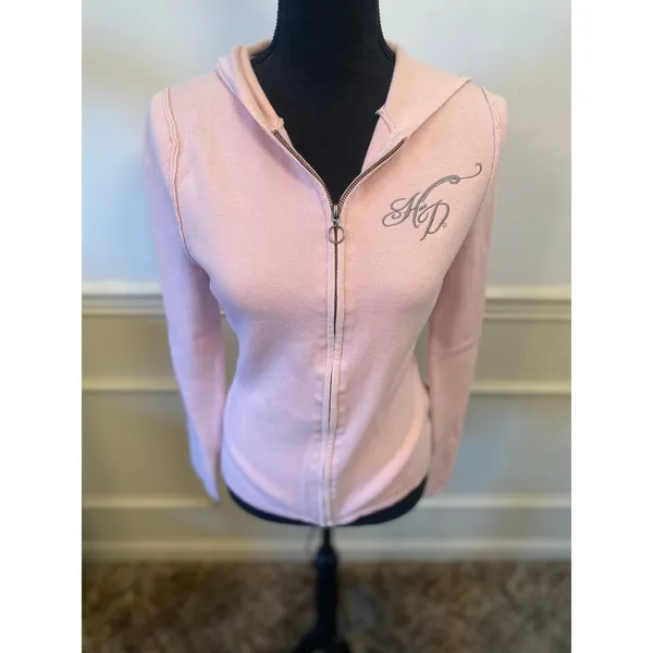 Light Pink Harley Davidson Knit Sweater Jacket Rhinestone Button Sleeve Zip - Image 2