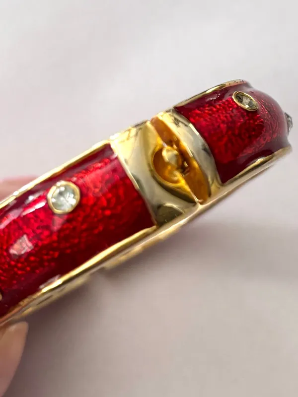 Vintage Red Enamel Hinge Bangle Bracelet Gold Tone Rhinestone Accent - Image 7