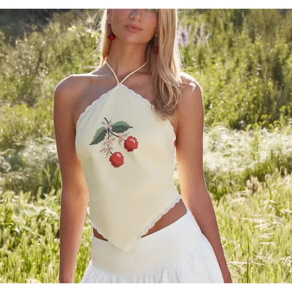 Cider Halter Top Cherry Embroidery Size XS Yellow Red Green - Image 4