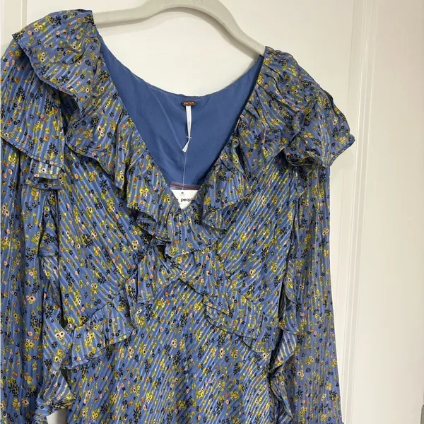 NWT Free People Blue Floral Ruffle Mini Dress Long Bell Sleeves Size 4 - Image 3