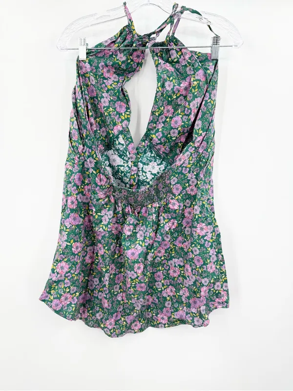 Free People Lyla Floral Halter Tunic Blouse Size Large‎ Women's Green Balsam - Image 2