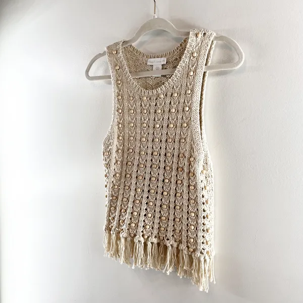 House of Harlow Wood Bead Beaded Fringe Hem Crochet Tank Top Tan XS - Image 5
