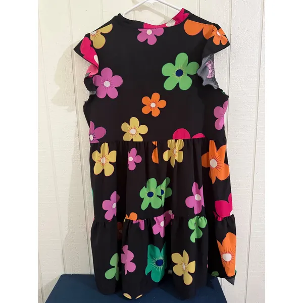 Women XL Black Floral Flutter Sleeve Tiered Babydoll Mini Dress V-Neck - Image 4