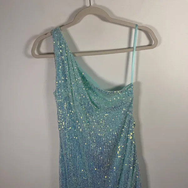 IEENA for Mac Duggal Gown Aqua Iridescent Sequin One Shoulder Dress Prom Women 2 - Image 4