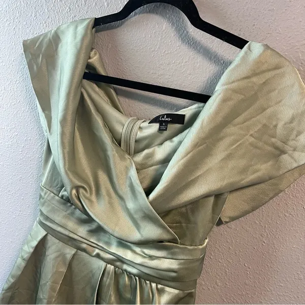 Lulu’s Always Celebrating Sage Green Satin Off-the-Shoulder Mini Dress - Image 6