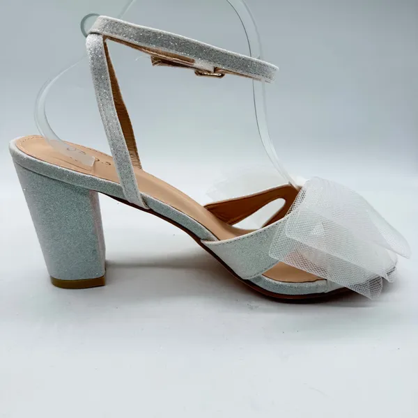 White Glitter Block Heel Sandals with Oversized Tulle Bow Ankle Strap Size 9.5 - Image 3