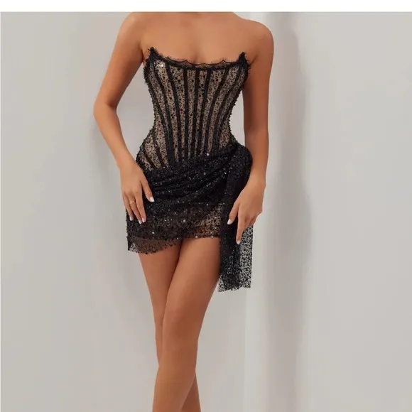 House of CB Heiress beverly hills corset sequin draped black mini dress - Image 2