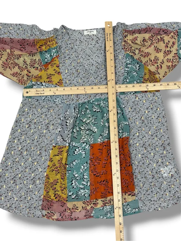 UMGEE Floral Patchwork Print‎ V Neck Chiffon Blouse Grey Multi Medium Boho - Image 11