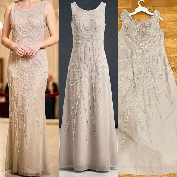 Wedding Dress Taupe/Silver& pearl Beaded Formal Gown Dress size 12 - Image 2