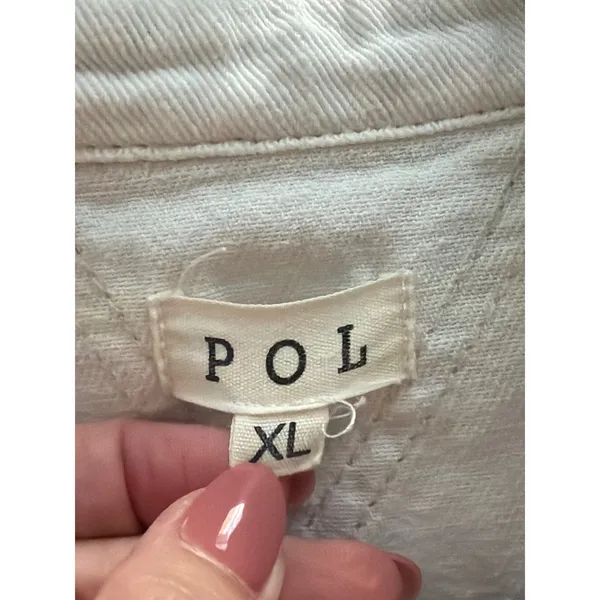 POL White Denim Shacket Plaid Contrast Distressed Raw Hem XL Oversized - Image 8