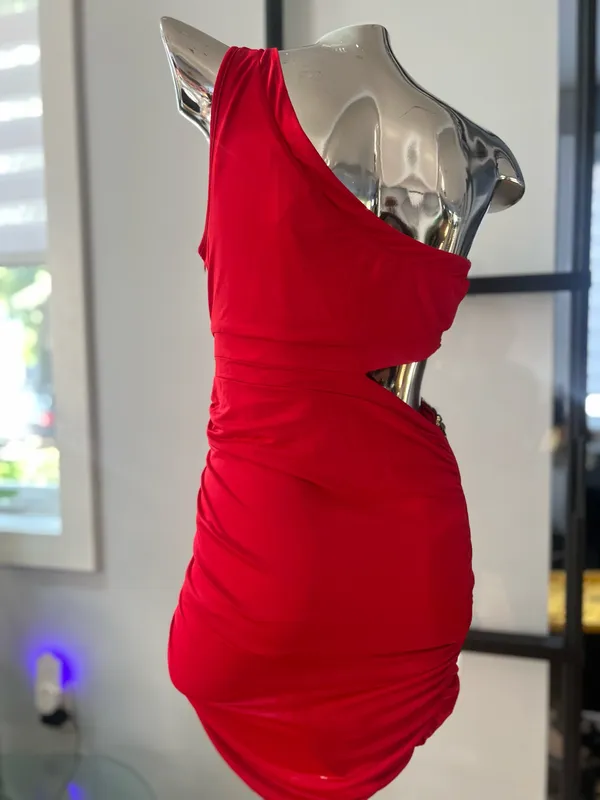Bebe Red One-Shoulder Beaded Waist Cocktail Dressw - Image 7