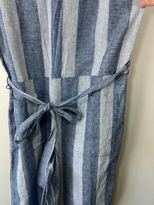 Beach Lunch Lounge Linen Blend Cropped Jumpsuit Blue Stripe Wide Leg Coastal Lg - Image 5