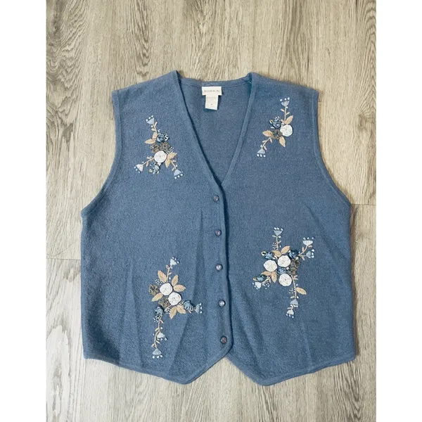 Vintage Embroidered Floral Appliqué 100% Wool Sweater Vest Sz Med Cottagecore - Image 3
