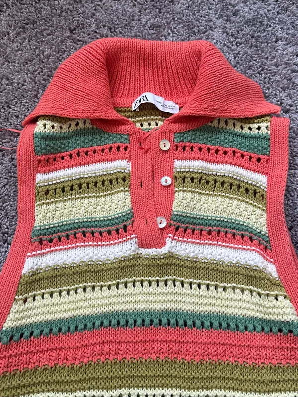 Zara Sleeveless Striped Knit Mini Dress in Coral, Green & Cream - Image 4