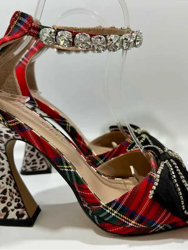 Betsey Johnson Guliana Red Plaid Black Bow Animal Print Heels Sz 8 Crystals Glam - Image 5
