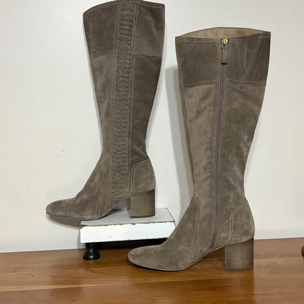 Franco Sarto Kearny Taupe Suede Tall Braided Block Heel Boots Womens Size 8M - Image 3