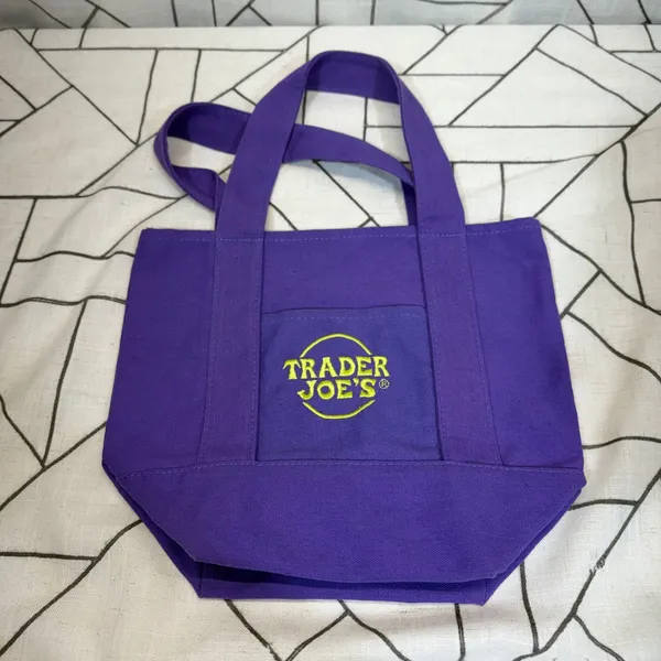 Trader Joe's‎ Mini Canvas Tote Bag Small Purple Embroidered Logo Shopper - Image 2