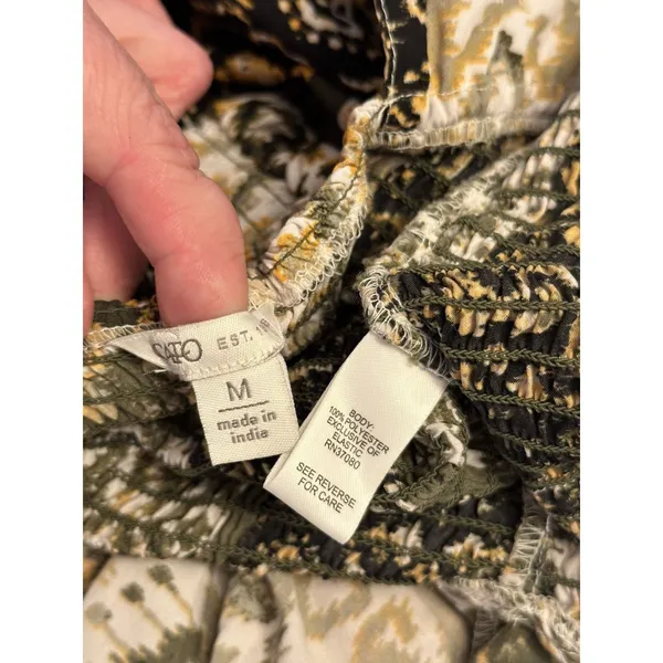 Puff Sleeve Maxi Dress Open Tie Back Smocking Green Beige Batik Size Medium Cato - Image 3