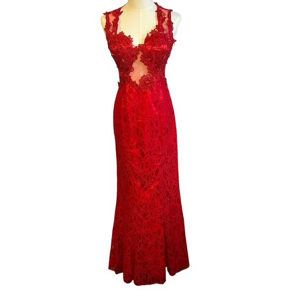 Swing Red Floral Lace Illusion Prom Gown Size 6 - Image 3