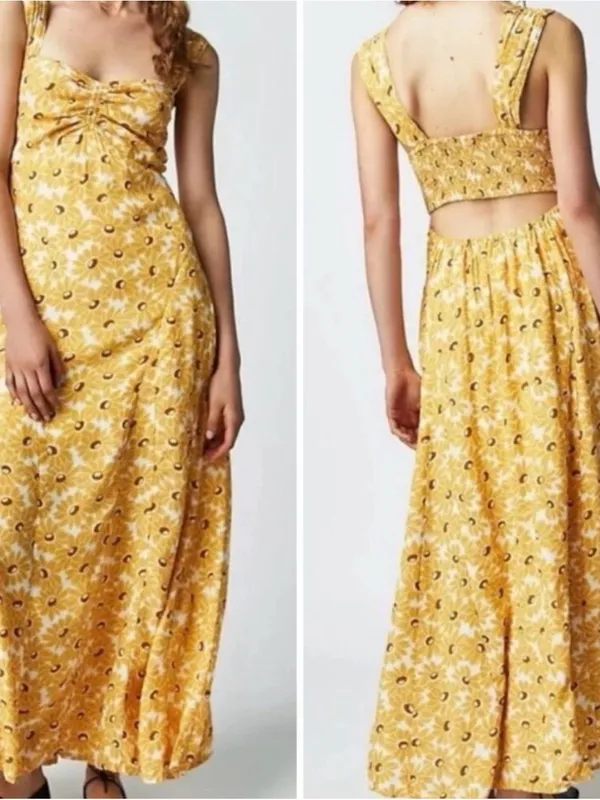 Free People Yellow Floral Midi Dress with Sweetheart Bodice - Image 3