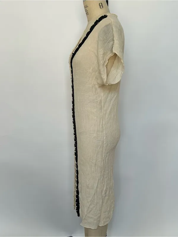 Cream Crochet Trim V-Neck Coverup with Black Accent - Image 5